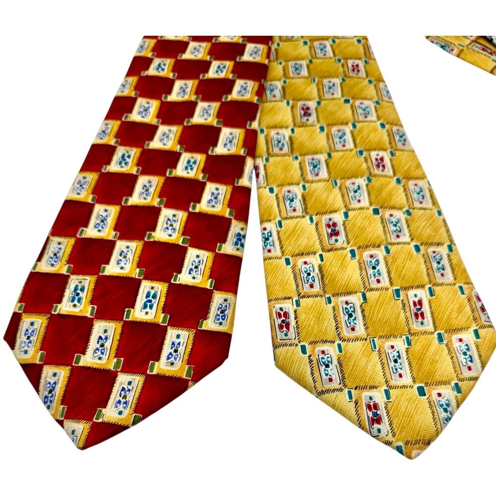 Boston Harbor Silk Tie Bundle Lot 2 Red Gold AOP USA Made 57"